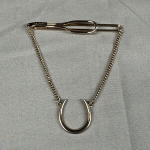 Vintage Swank Gold-Tone Horseshoe Tie Bar Clip with Chain Men's Accessory
